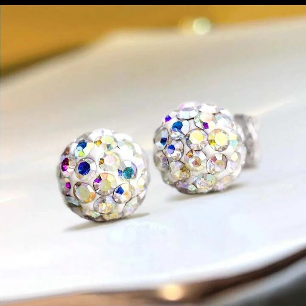 8mm Sparkling Color Full Rhinestone Bead, Elegant Iridescent Disco Ball Earrings - Picture 4 of 9